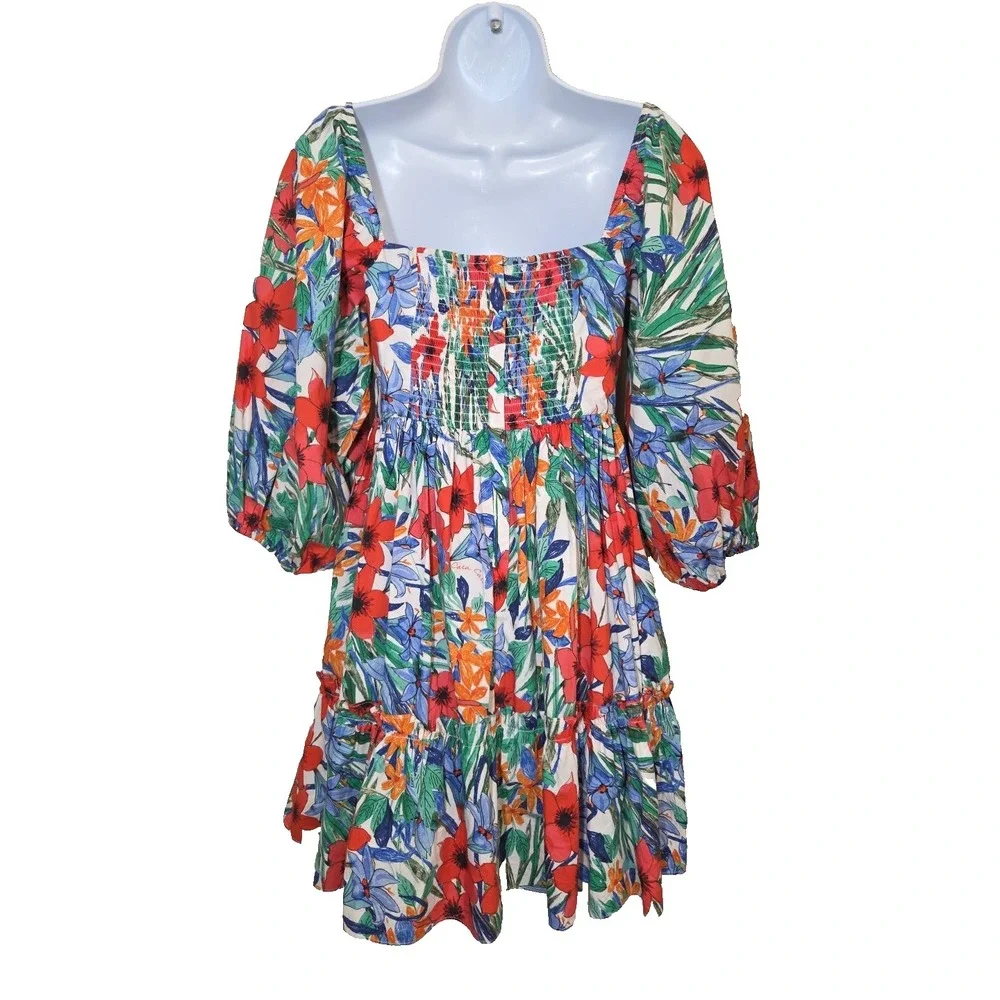 Cara Cara Sip Sip Garden Print Colorful Puff Sleeve Floral Mini Dress‎ Ruffle S